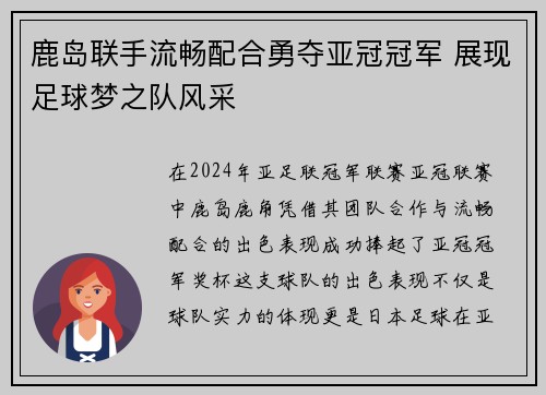 鹿岛联手流畅配合勇夺亚冠冠军 展现足球梦之队风采