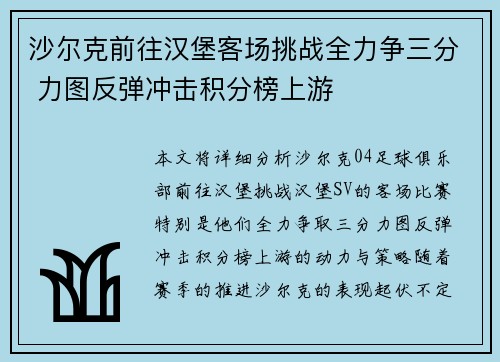 沙尔克前往汉堡客场挑战全力争三分 力图反弹冲击积分榜上游