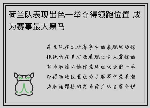 荷兰队表现出色一举夺得领跑位置 成为赛事最大黑马