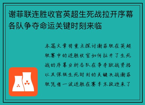 谢菲联连胜收官英超生死战拉开序幕各队争夺命运关键时刻来临