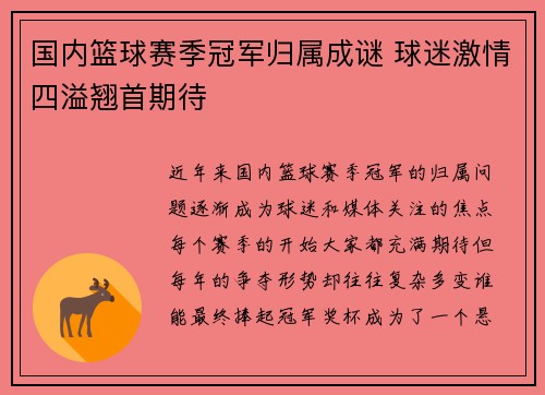 国内篮球赛季冠军归属成谜 球迷激情四溢翘首期待