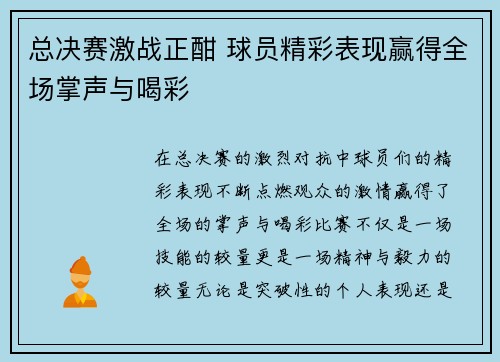 总决赛激战正酣 球员精彩表现赢得全场掌声与喝彩