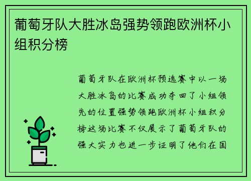 葡萄牙队大胜冰岛强势领跑欧洲杯小组积分榜